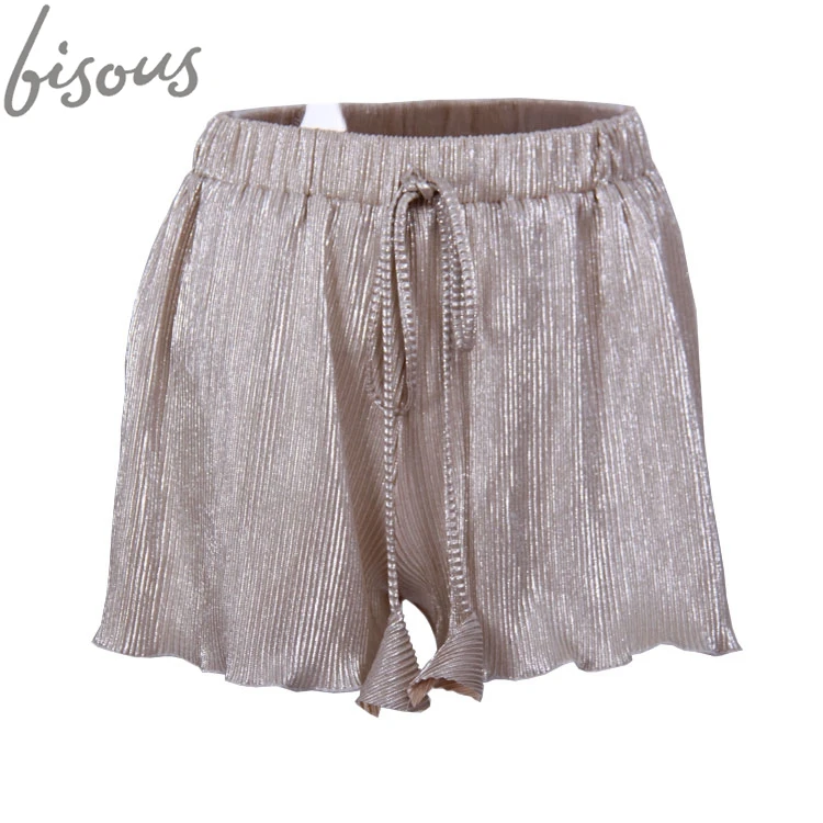 
Summer hot beach women short shiny metallic pleated drawstring Shorts 
