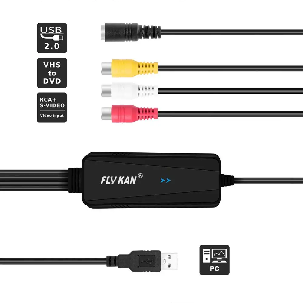 
Fly Kan USB Video Capture card Video /Audio Grabber - VHS to Digital DVD Digital Converter for Windows 10/8/7 AVC03M-C-P 