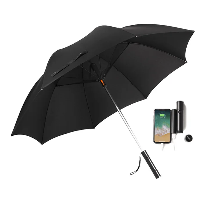 

High quality windproof outdoor usb fan umbrella with power bank, Optional
