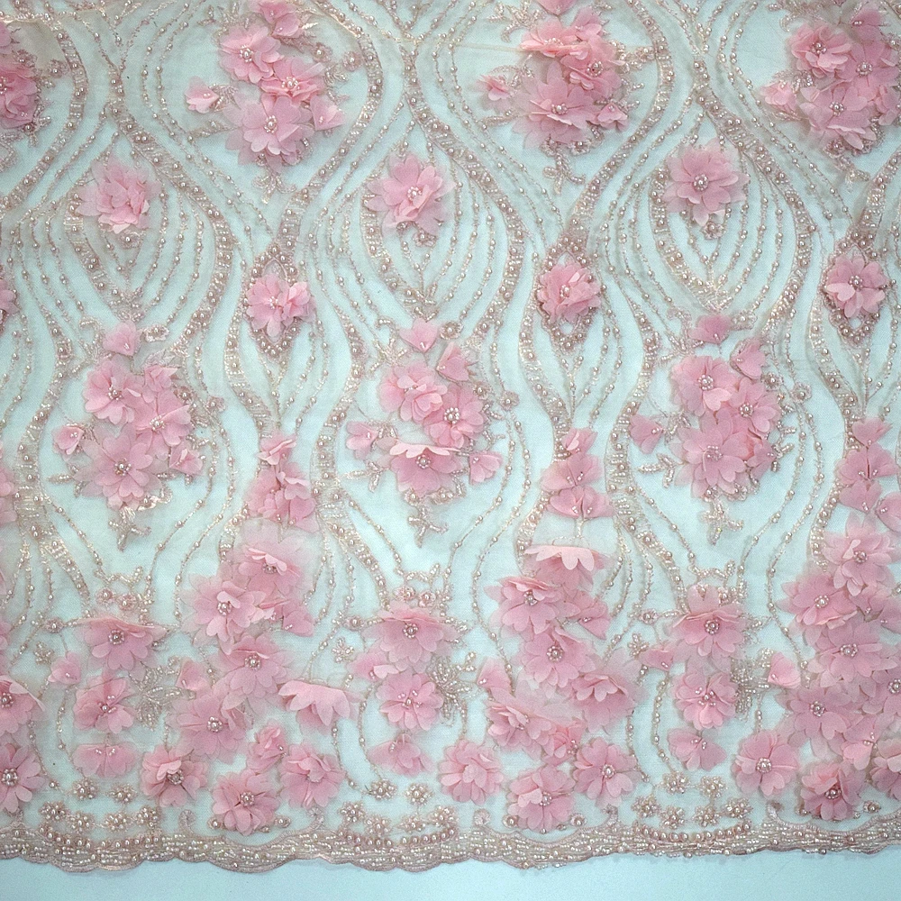 

Exclusive 3d handmade applique pearl beaded lace fabric pink french embroidered tulle lace fabric for show in dubai HY830-6