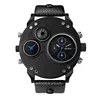 OULM 3741 Outdoor Sport Watch Men Quartz Double Time Zone Display Black Leather Strap Big Size Case Top Brand Luxury Wristwatch
