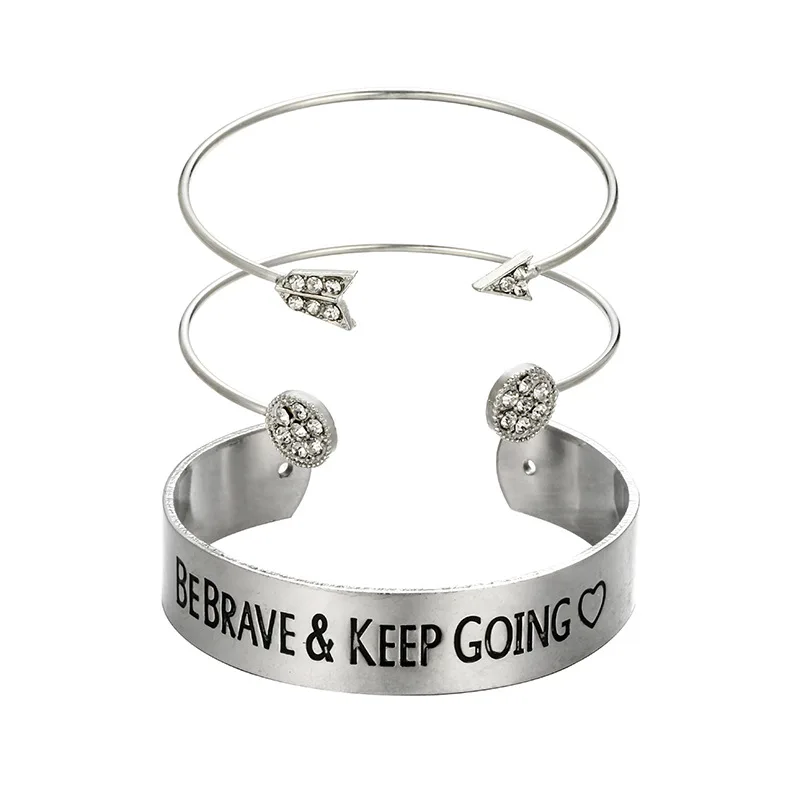 

Wholesale Brave And Keep Going Layered Cool Rock Open Bracelet With Rhinestone, Silver