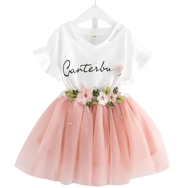 

Lovely Fashion Summer 3-7 Years Girls 2 pcs/Set Party Clothing T-shirt Short Skirt Suits for Girls Clothes, As pictures showed