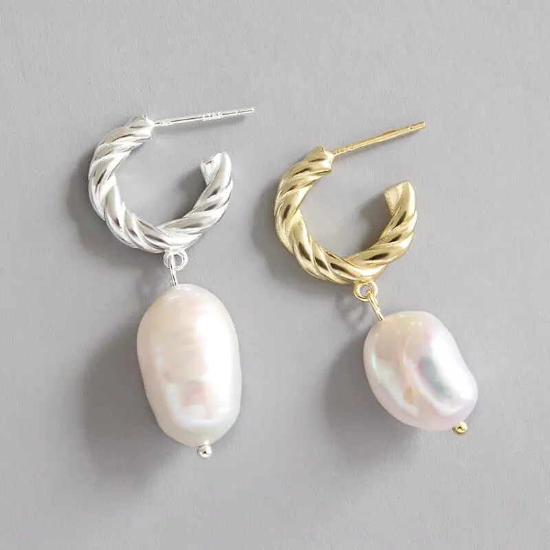 

Fashion women s925 twist c shape natural Baroque irregular pearl earrings sterling silver