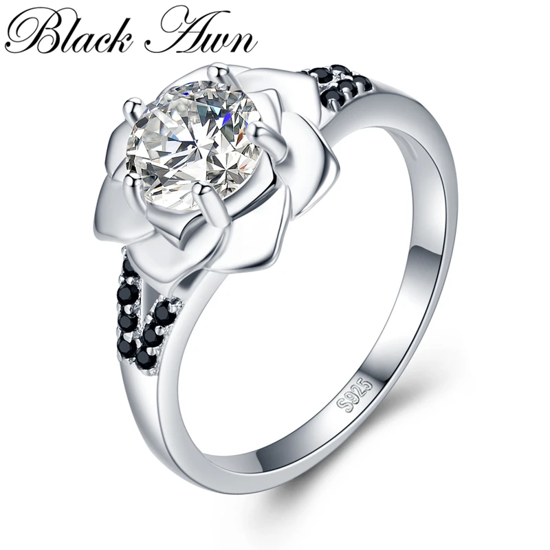 

[BLACK AWN] 925 Sterling Silver Ring Female Bague Flower Trendy Wedding Rings for Women Sterling Silver Jewelry G073