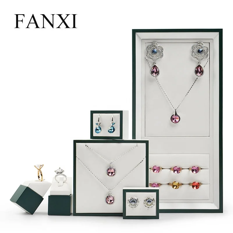 

FANXI Factory Custom Jewelry Display High End and Luxury Solid Wood White Paint And PU leather Jewellery Set Display, As photo shown or custom