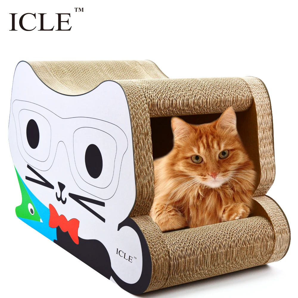 

icle-3D Glass Cat Head Face Shaped Corrugated Paper Big Cardboard Cat Scratcher Craft Lounge Houses Box-IC-0035 White, Yellow