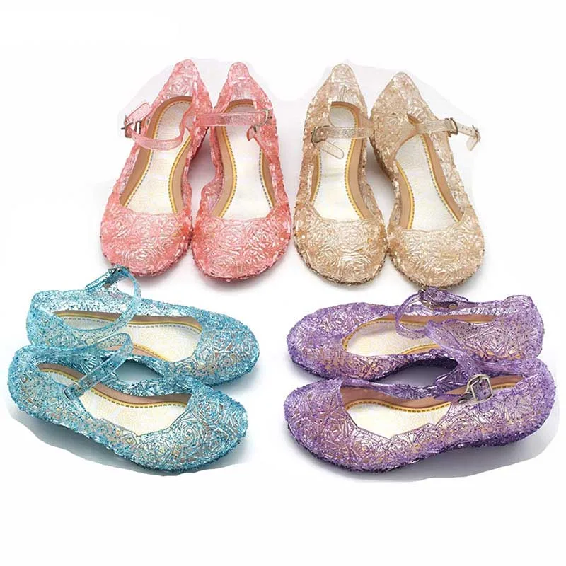 

Girls Shoes Cinderella Party Shoes Purple Pink Kids Blue Strap Sandals Flat Princess Mini Jelly Shoes, As picture
