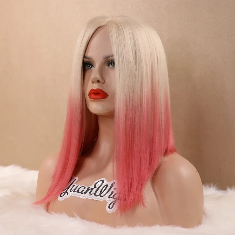 Ombre Color Blonde Pink Heat Resistant Fiber Yaki Straight Hair Bob Synthetic Lace Front Wigs