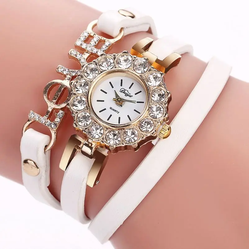 

Duoya Brand Fashion Leather Strap Watch With Love Charm Diamond Dial Winding Wristwatch Women Chain Watch, As show