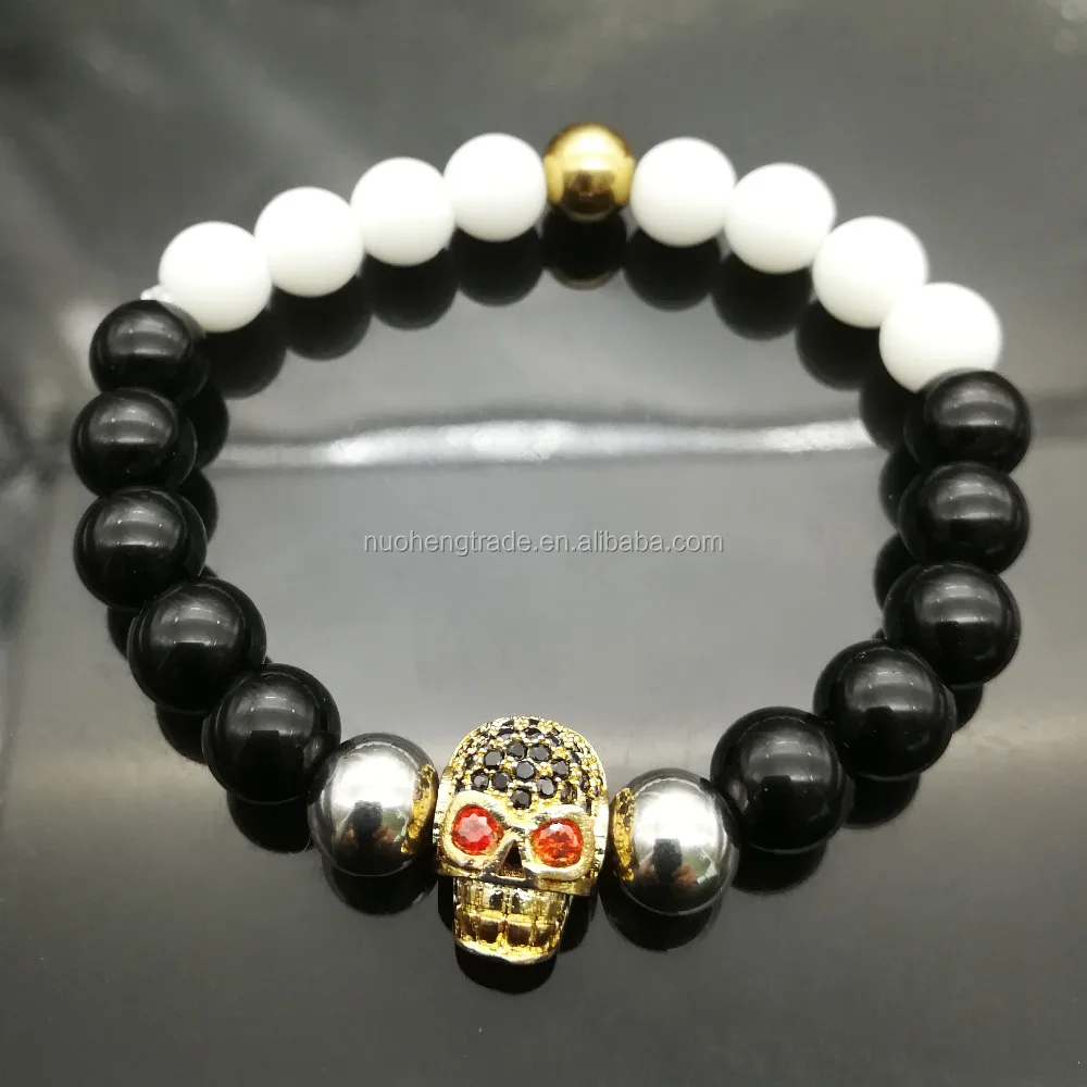 

Wholesale cz micro pave Brass Skull head Stainless steel beads charm bracelet Natural Stone bead bracelet, White&black&gold&silver