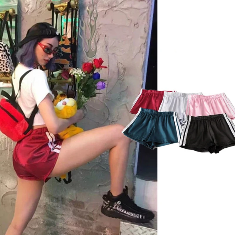 

W-C-190 Amazon Wish Women Young Girls Popular 6 Stocking Colors Sport Solid Colors Jogger Trousers Dancing Short Satin Pants, Red / silver / black / pink / dark green / blue