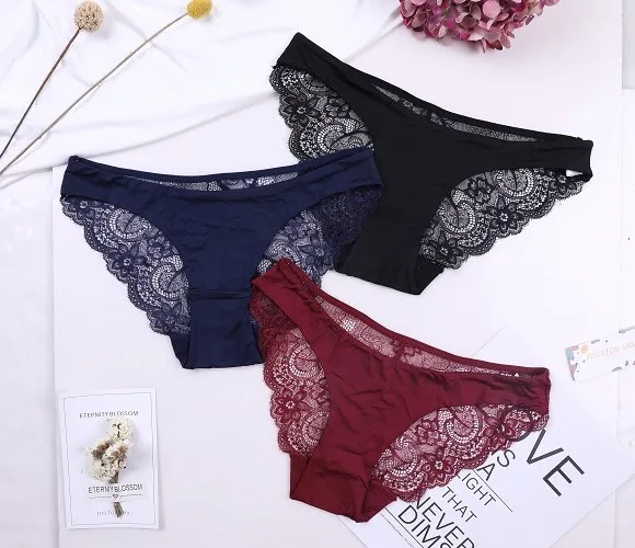 

3pcs Ladies Sexy Satin Ice Silk Underwear Women Seamless Lace Panties, N/a
