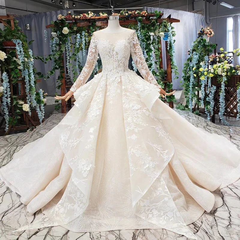 Jancember AHTL516 Long Sleeve Wedding Dress Sheer Tulle Lace Wedding Gown Bridal Dresses Real Samples 2019 vestido de noiva