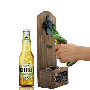 Image of Vintage Wall Mounted Wooden Bottle Opener with Cap Catcher