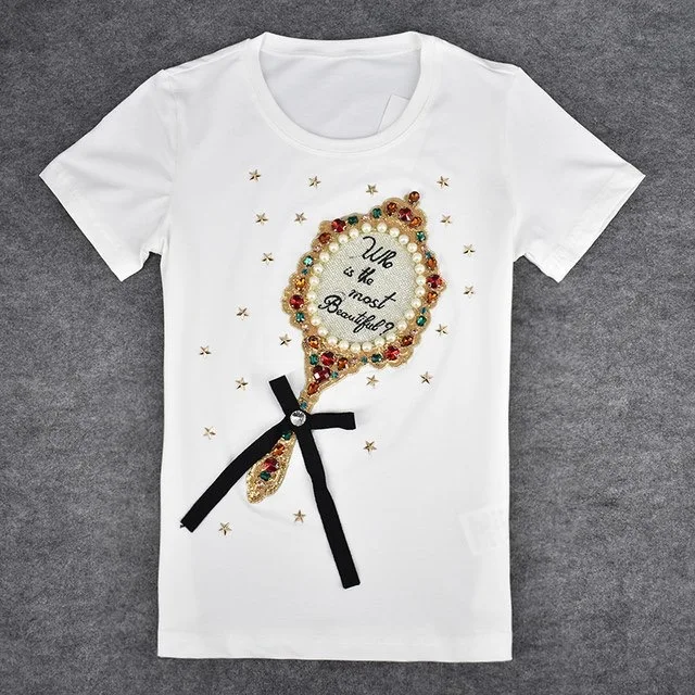 Fashion t shirt women 2019 New Short Sleeve Summer Top Mirror Printed Beading Design female T-shirt High Quality tshirt Tees