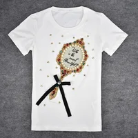 

Fashion t shirt women 2019 New Short Sleeve Summer Top Mirror Printed Beading Design female T-shirt High Quality tshirt Tees