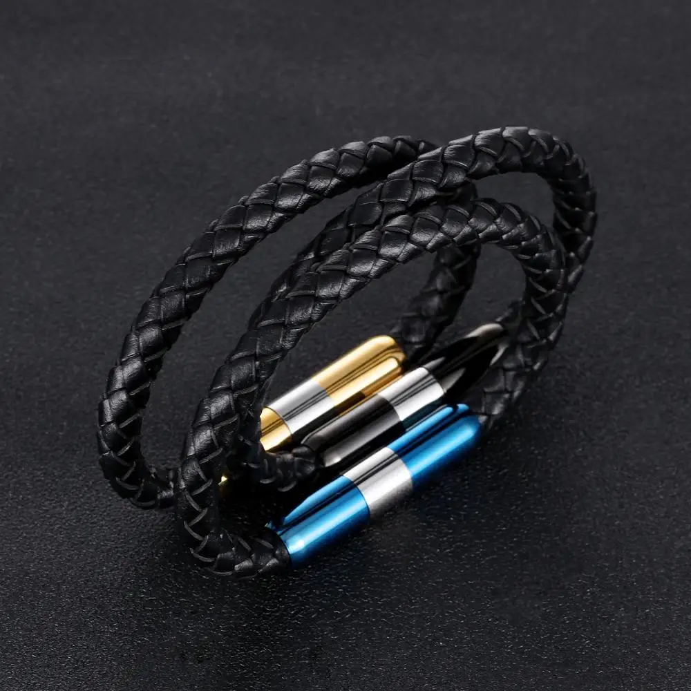 Trendy 2018 Mens Vibration Health Magnetic Stainless Steel Black Braided Leather Bracelets