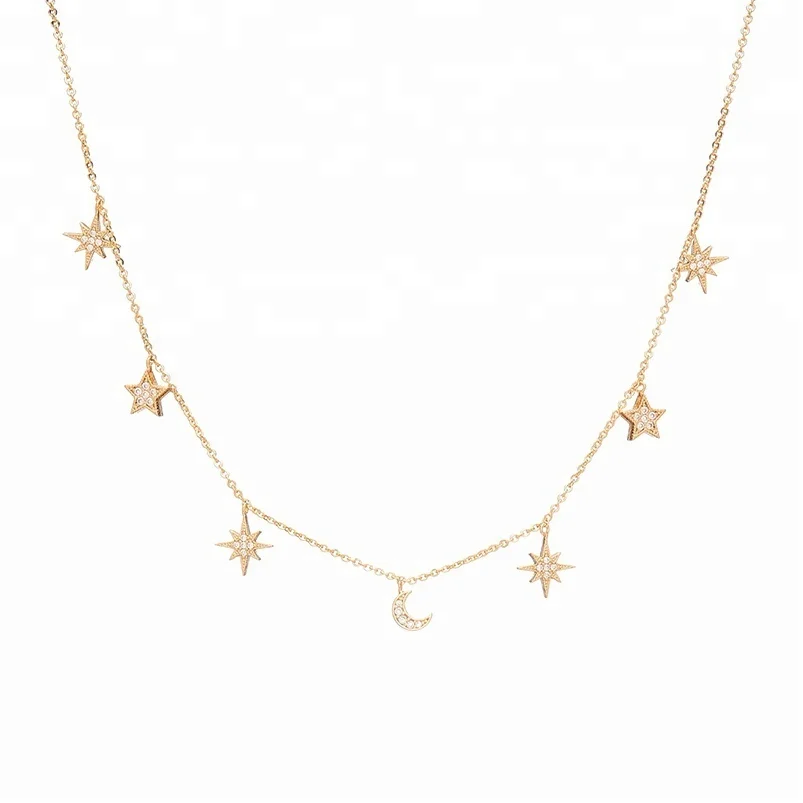 

Gemnice fashion 14K gold statement moon star charm choker necklace