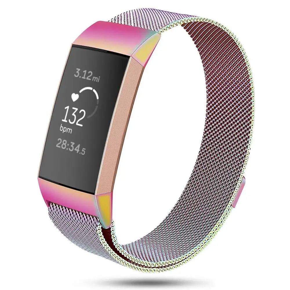 

Band Replacement for Fitbit Charge 3 Small Large Women Men Magnetic Clasp Milanese Loop Stainless Steel Metal Bracelet Wristband, Multi-color optional or customized