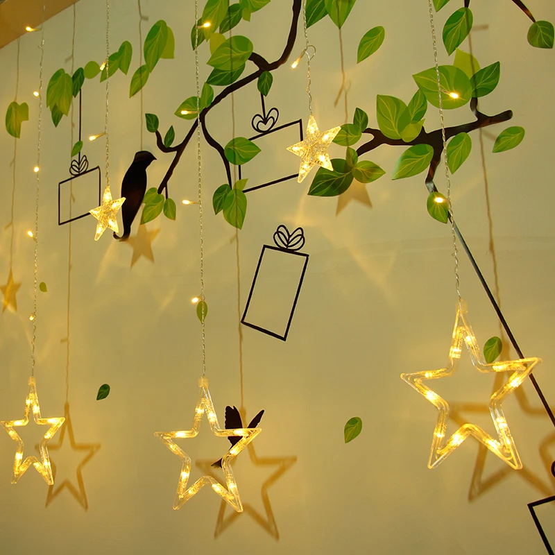 Factory selling Warm white store window  decorative christmas led string lights indoor home decor  star Led curtain light