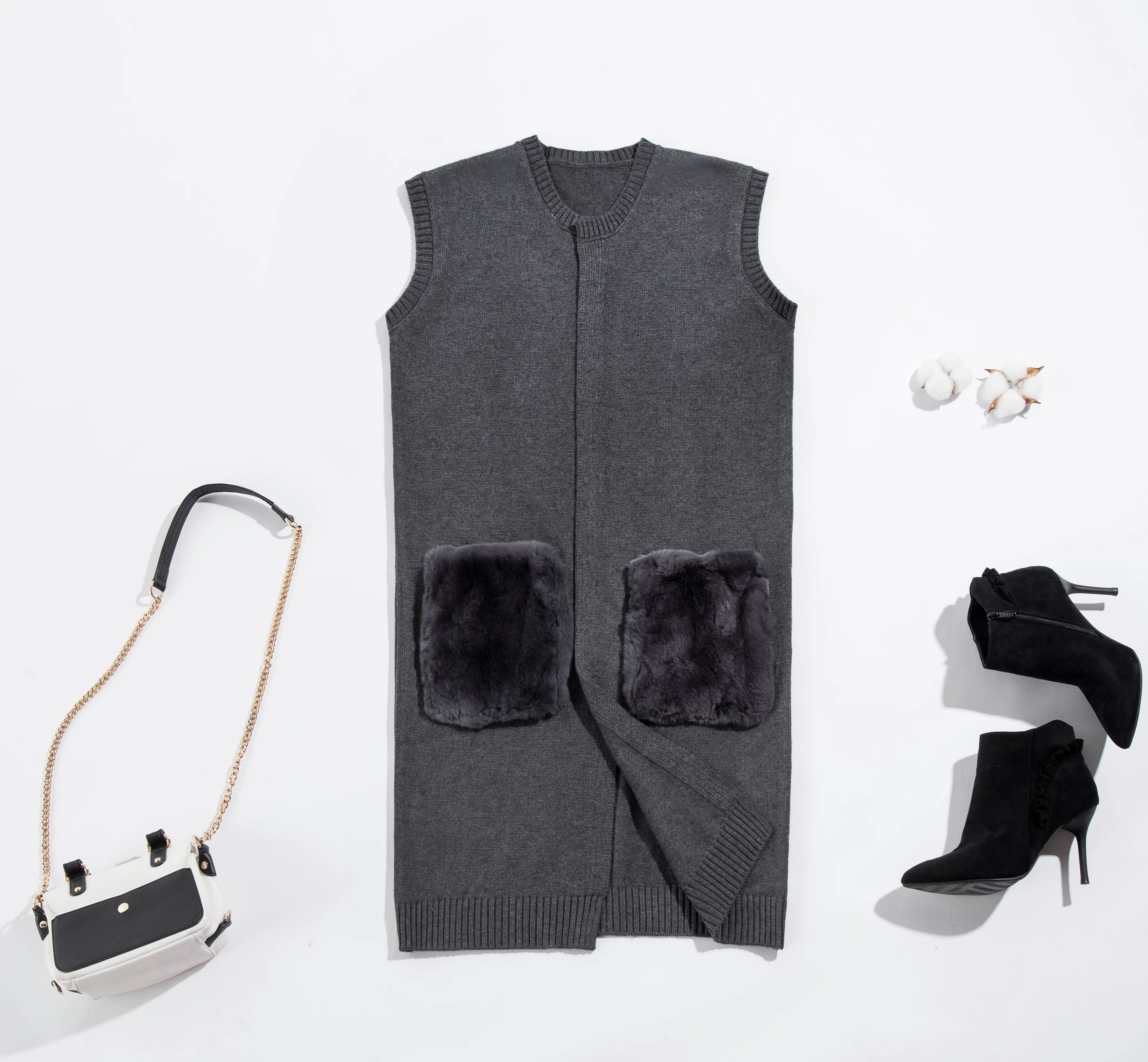 

Wholesale cashmere knitted long sweater cardigans for ladies with rex-rabbit pocket