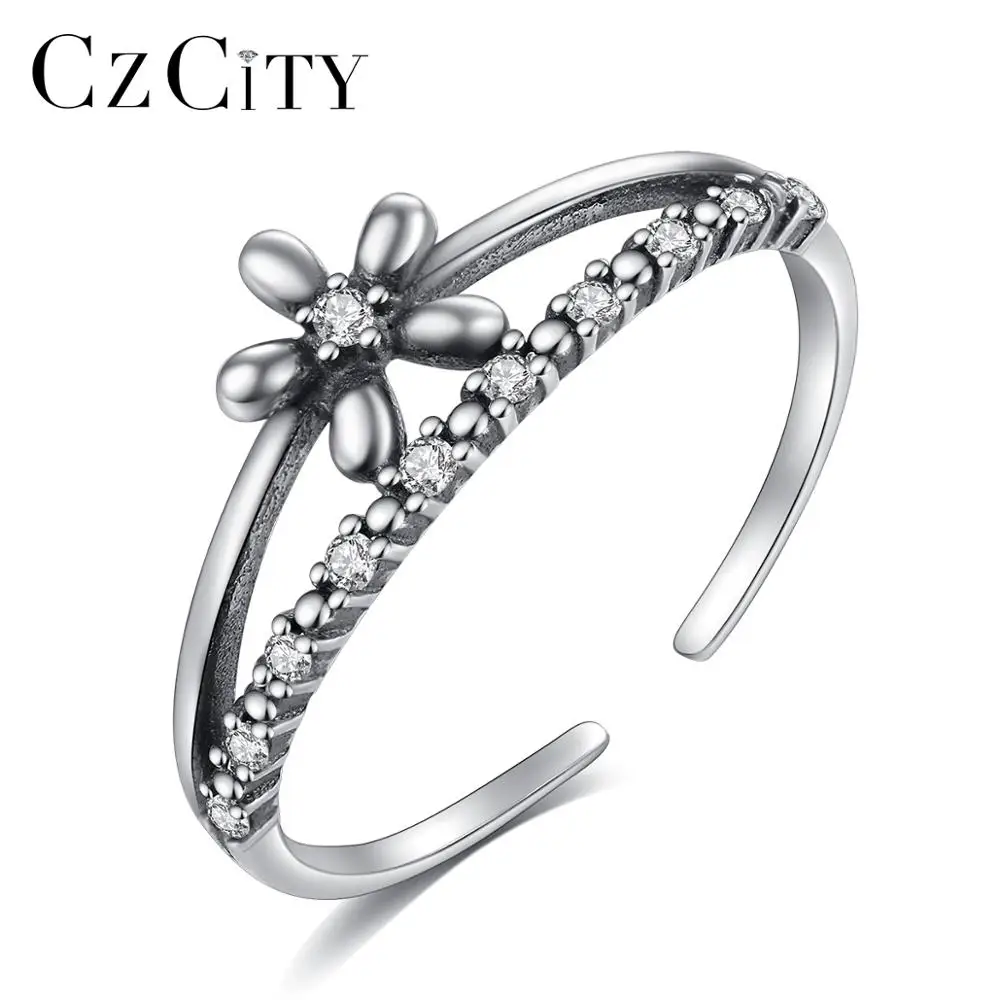 

CZCITY Pure 925 Sterling Silver Adjustable Rings Women Clear Zircon Antique Engagement Flower Ring