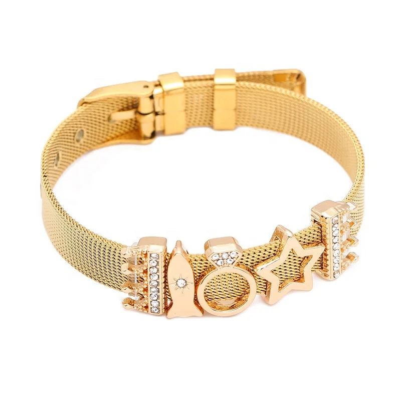 

Custom Design Gold Plated Women Adjustable Initial Crown Mesh Stainless Steel Bracelet, Picture