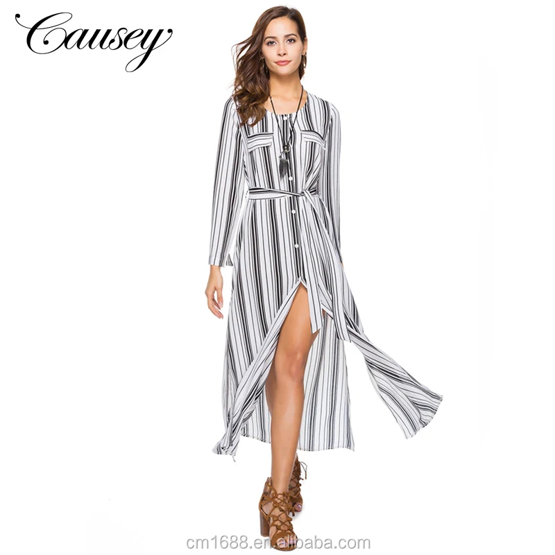 

2018 New Arrival Plus Size Women Print Long Sleeve Chiffon Long Stripe Dress, N/a