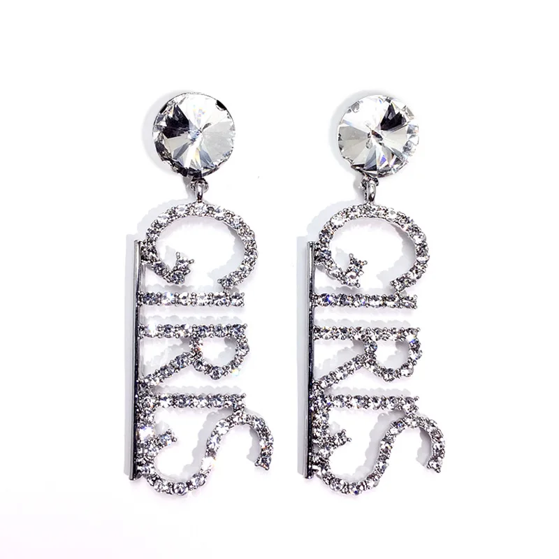 

Lady Fashion Jewelry Long Style Big Silver Plated Crystal Rhinestone Word Letter Alphabet GIRLS Dangle Earrings