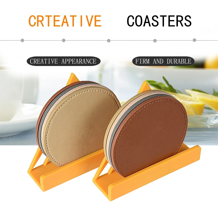 Custom Debossed Logo 9.5cm Size 4mm Thick PU Leather Coaster Set With Plastic Holder