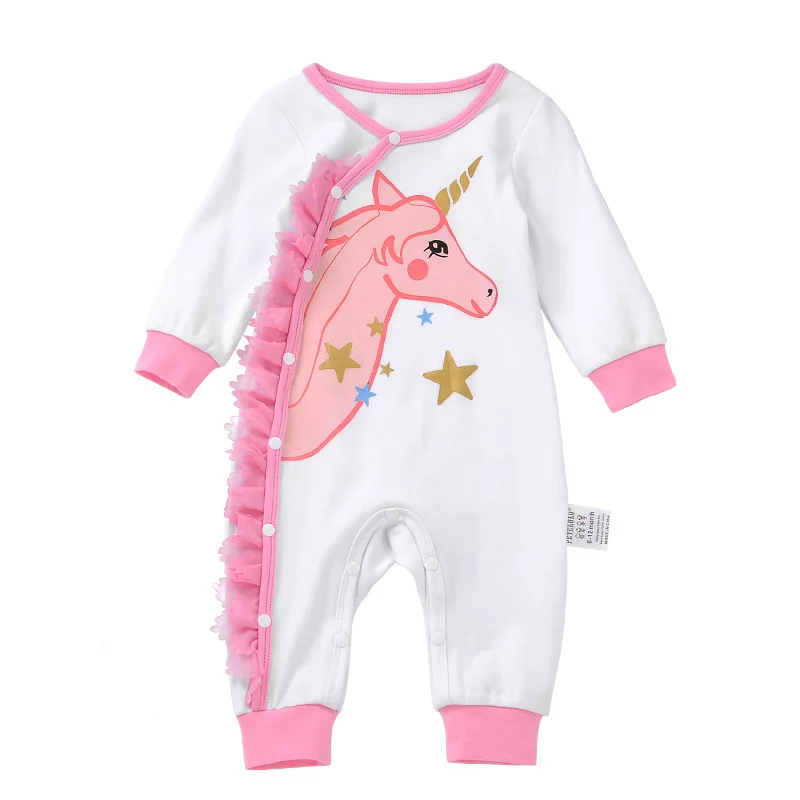 

baby clothes Hot design cotton new born baby unicorn pajama baby romper, White