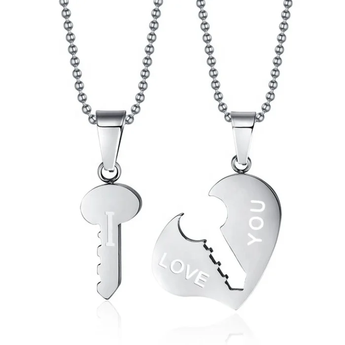 

Couple lover romantic jewelry 'I love you' engraved silver/black plated stainless steel heart key necklace for men women