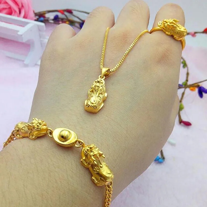 

Vietnam Alluvial Gold Women Jewelry No Fade Brass Golden Pixiu Rings Bracelets Charms Necklace Jewelry Set, Gold color