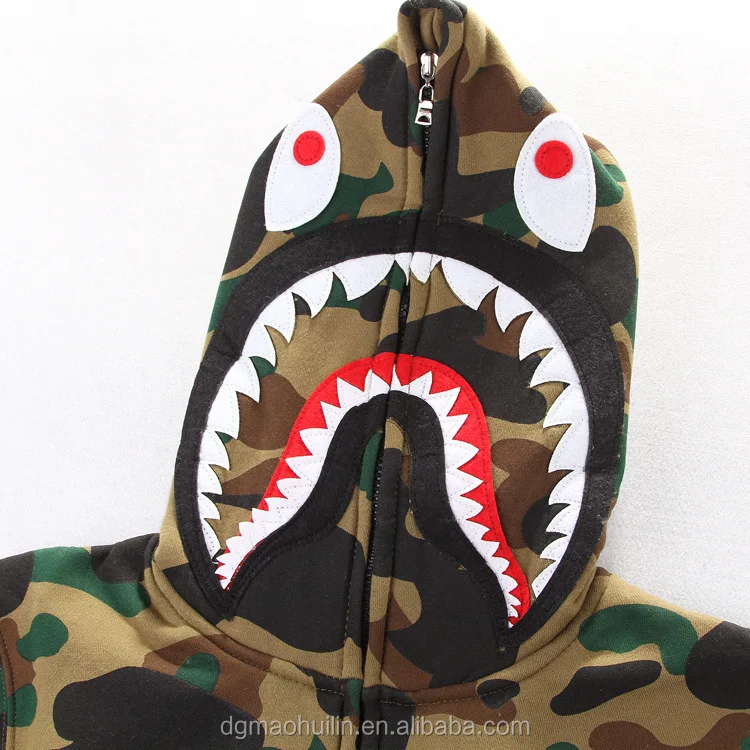 Manufacturer Custom Camo Appliqued Shark Jaw Men's Full Zip Up Hooded ...
