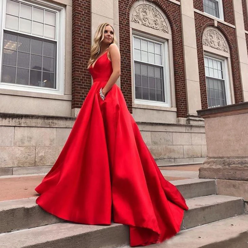 

Red Prom Dress With Pockets V-neck A-line Satin Vestido De Formatura Diamonds Women Formal Party Dress, Custom made