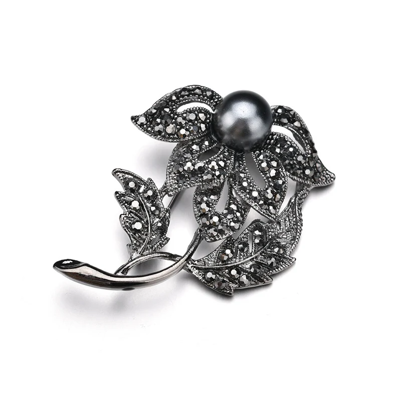 

wholesale free shipping new design metal flower leaf shaped brooch rhinestone pearl jewelry women brooches, Gun black