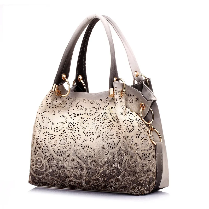 

New Design Gorgeous Brand Handbags Shoulder Bags Ladies Pu Leather Tote Bag Hollow Out Ombre Floral Print Women Handmade OEM&ODM, Black,grey,orange