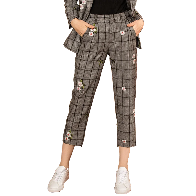 

High Quality Fashion 8/10 Printed Stripe Casual Women School Office Pants, Gray