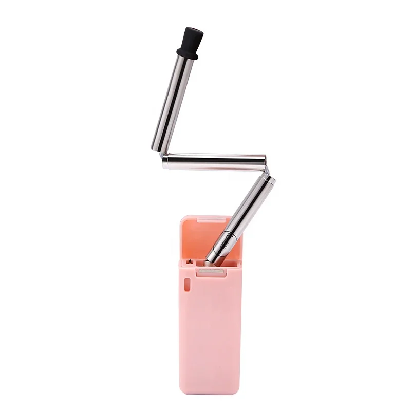 

Food grade 18-10 reusable folding stainless steel straw 304 collapsible stainless steel straw with brush foldable straw, Pink;blue;green;red;black