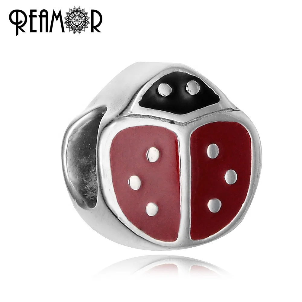 

REAMOR High Polished 316l Stainless Steel Enamel Ladybug Animal European Big Hole Beads Charm Fit Bracelet Jewelry Making
