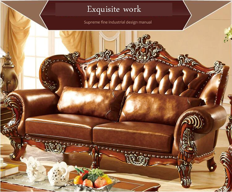 high quality European antique living room sofa furniture genuine leather set p10304