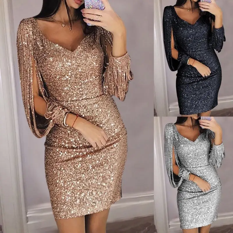 

Women Maxi Tassel Sequin Evening Cocktail Dress Bodycon Mini Dress Party