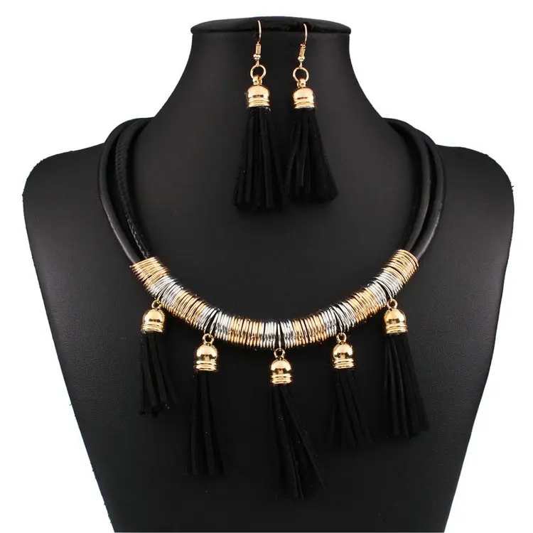 Nouvelle arrivée déclaration colliers mode ensembles de bijoux africains en cuir gland collier boucle d'oreille ensemble