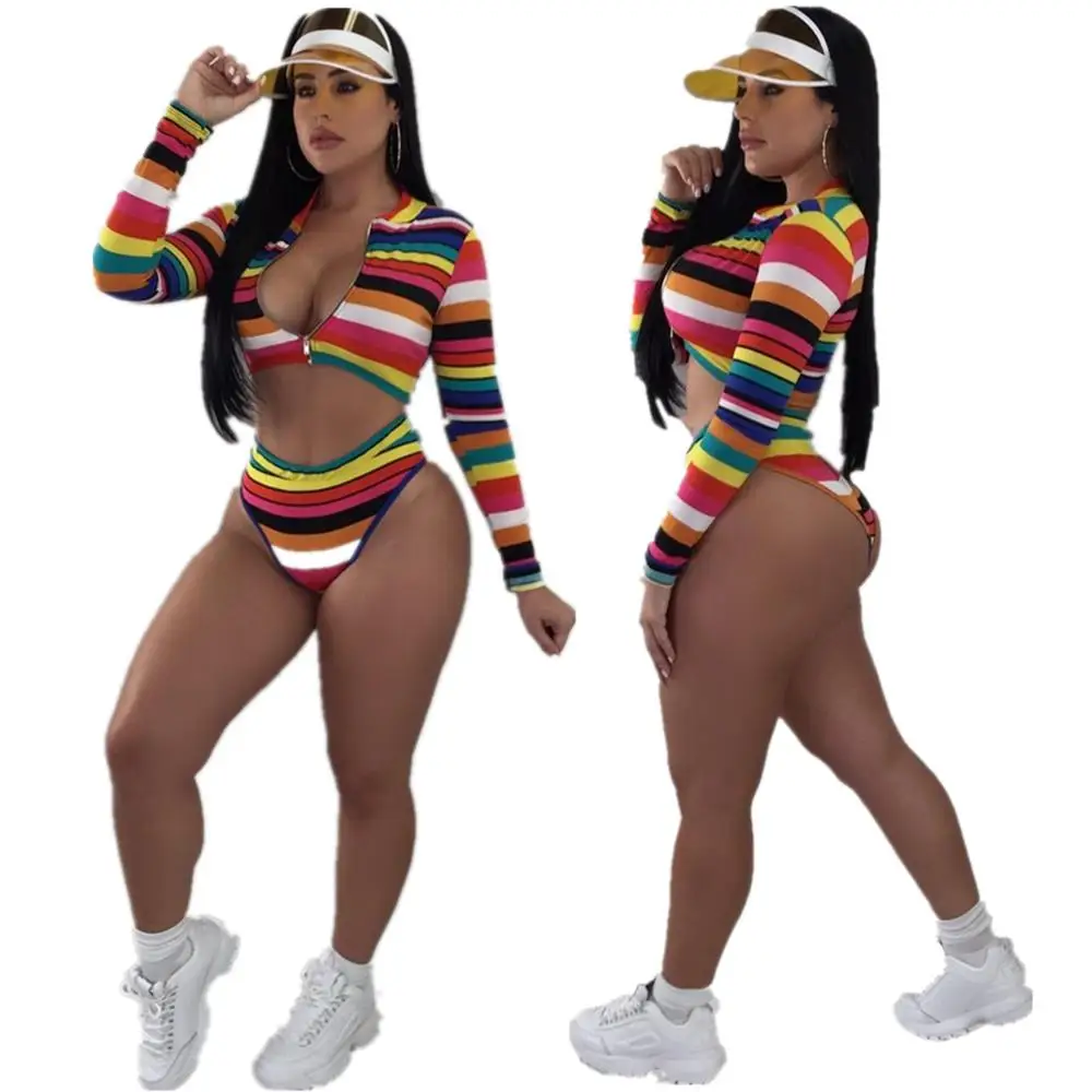 

Sexy Deep V-neck Long Sleeve Rainbow Striped Bikini Swimsuit Two Piece Set, Picture