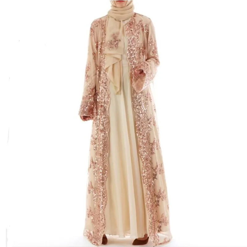 

Long Dress Cardigan Luxury Sequin Embroidery Lace Seamless Casual Dubai Abaya Maxi Dresses Islamic Clothing A299