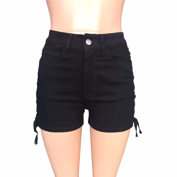 lace up black denim shorts