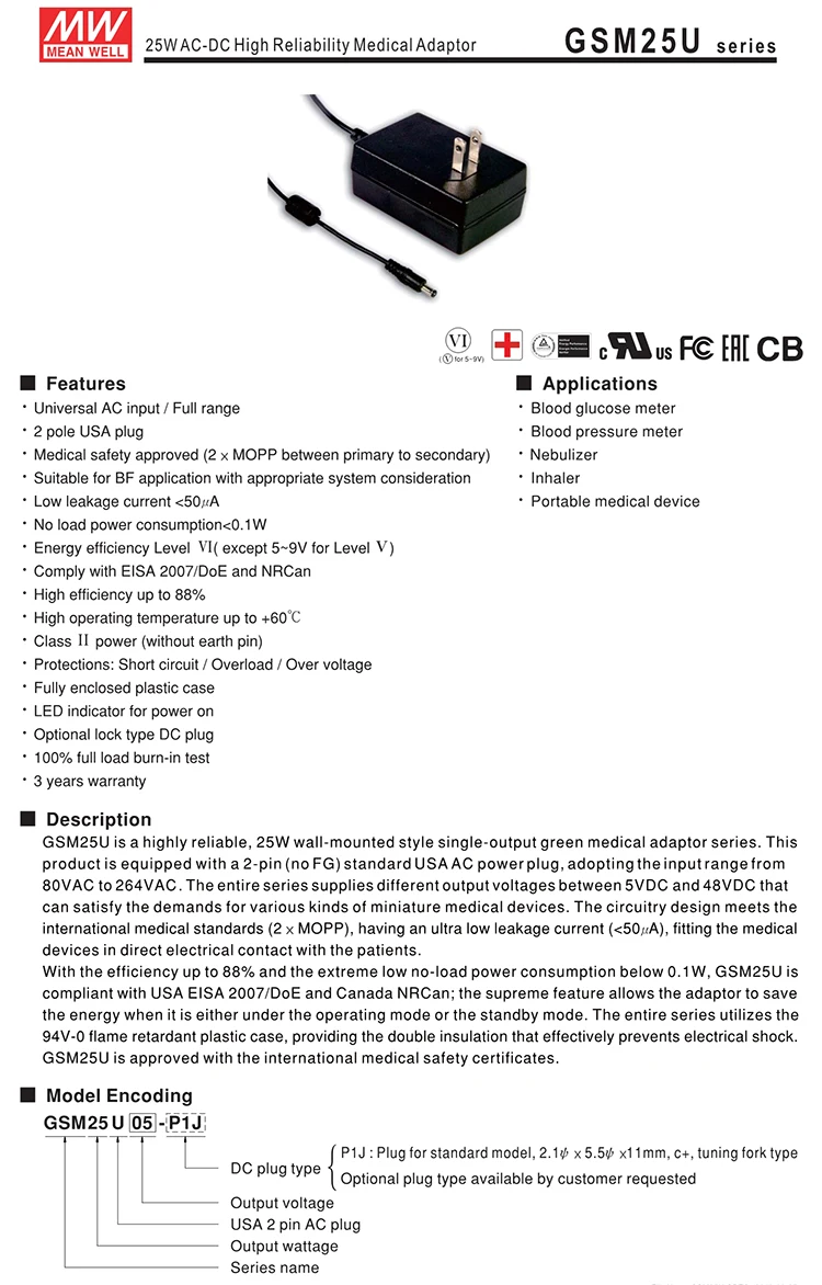 Mean Well Adaptor Usa Plug Gsm25u07-p1j 22w 7.5v Adaptor With Medical  Safety Approved - Buy 22w 7.5v Adaptor,Gsm25u07-p1j,Mean Well Adaptor  Product on Alibaba.com