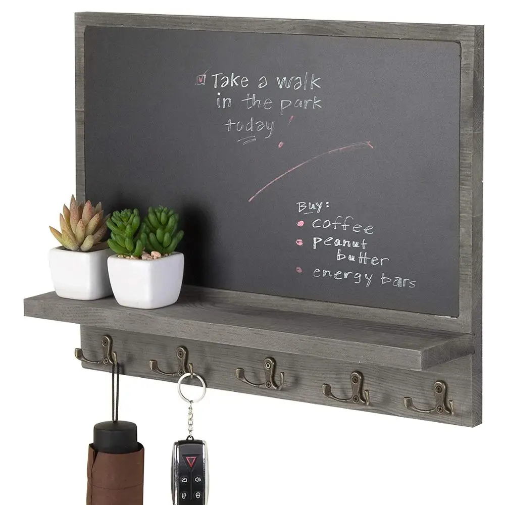 
Home Decor Rustic Style Wood Wall Mounted Chalkboard Message Board with Key Hooks 