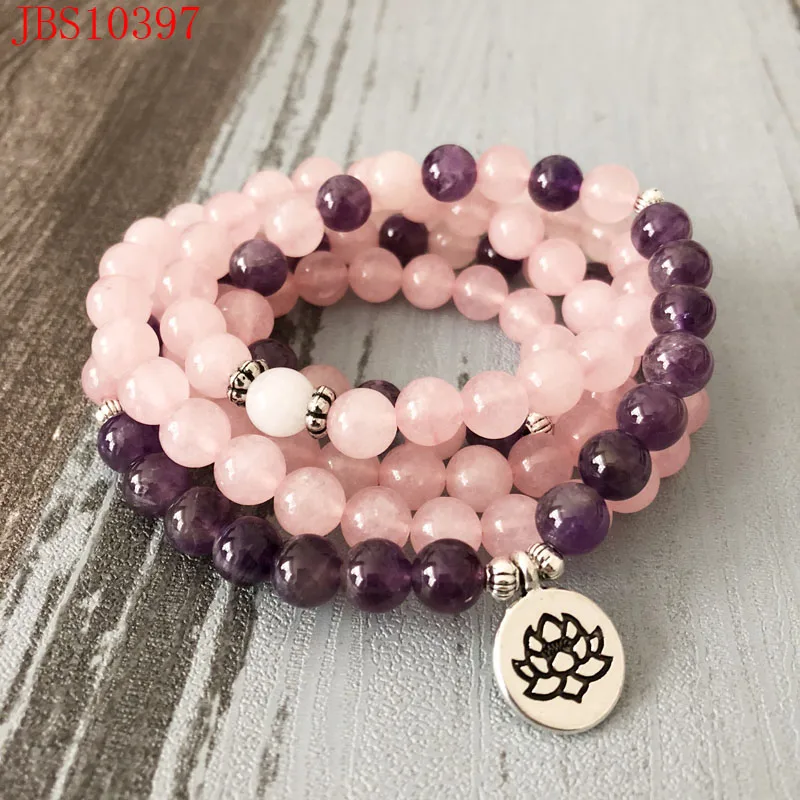 108 Mala Necklace Bracelet for Women Rose Quartz Amethyst Yogo Bracelet Mala Lotus 108 Beads Bracelet